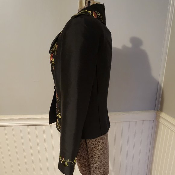 1990's Rickie Freeman for Teri Jon Black Silk Blend Jacket W/Colorful Embroidery - Picture 2 of 10